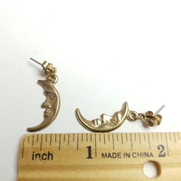 Vintage Dangle Crescent Moon Shaped Earrings, Gold Tone Drops, Estate - Picture 3 of 6
